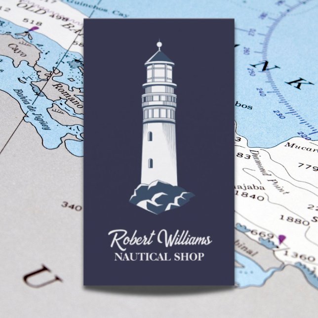 Carte De Visite Plage Côtière Bleu Bateau Phare Nautique (Coastal Beach Blue Boating Nautical Lighthouse Business Card)