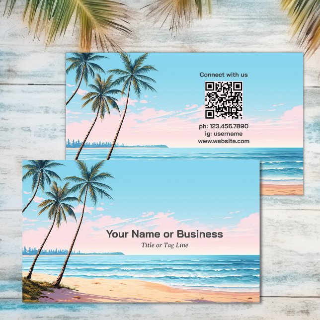 Carte De Visite Plage et palmiers avec QR Code Tropical (Beach and Palm Trees with QR Code Tropical Business Card)