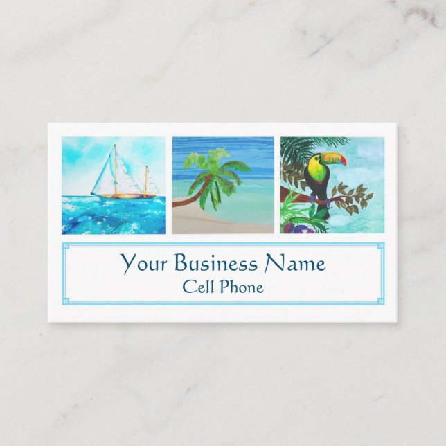 Carte De Visite Plage tropicale Colorée Toucan Voilier Palm Tree (Devant)