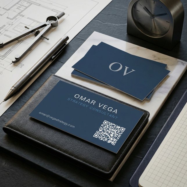 Carte De Visite Plan directeur Grille Minimal Moderne Code QR | Co (Blueprint Grid Minimal Modern QR Code Business Card Consultant B2B)