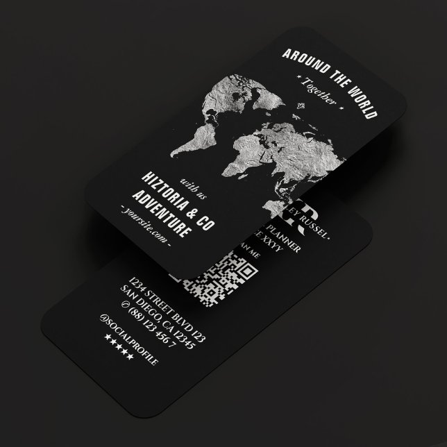 Carte De Visite Plan du monde d'argent du planificateur de voyage  (Travel Planner Silver World Map Black Tour Guide Business Card
)