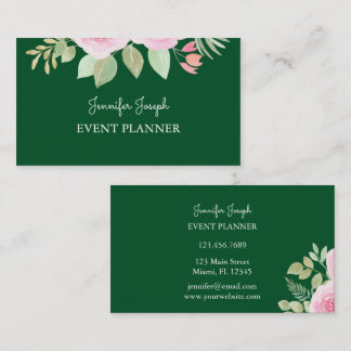 Carte De Visite Planificateur d'événement floral vert émeraude ros