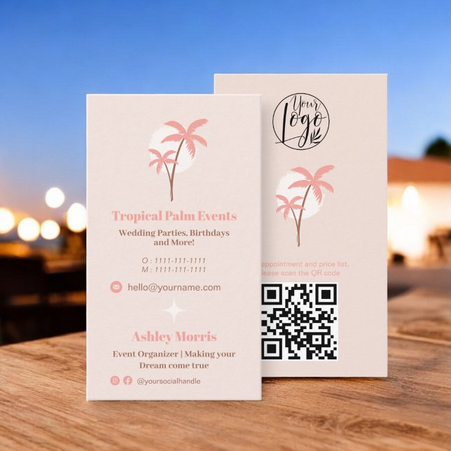 Carte De Visite Planificateur d'événements rose vif moderne photo  (Modern blush pink event planner photo qr code logo business card)