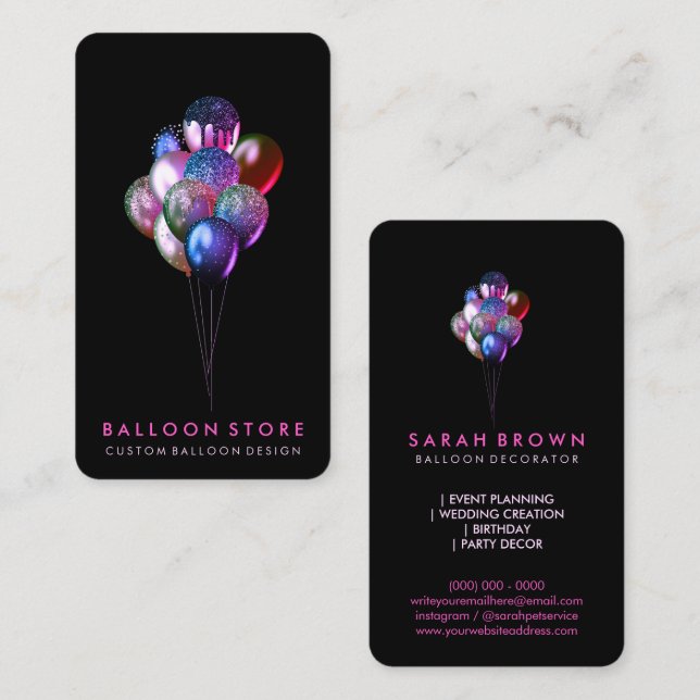 Carte De Visite Planification de mariage avec ballon rose scintill (Devant / Derrière)