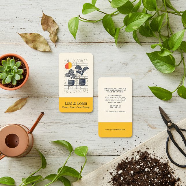 Carte De Visite Plante Abstrait Jaune et bleu moderne (Yellow and Blue Modern Abstract Plant Business Card.)