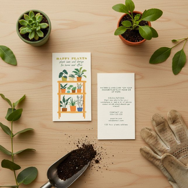 Carte De Visite Plante Care pots plante niveau en bois (Plant care business card with plant care guide.)