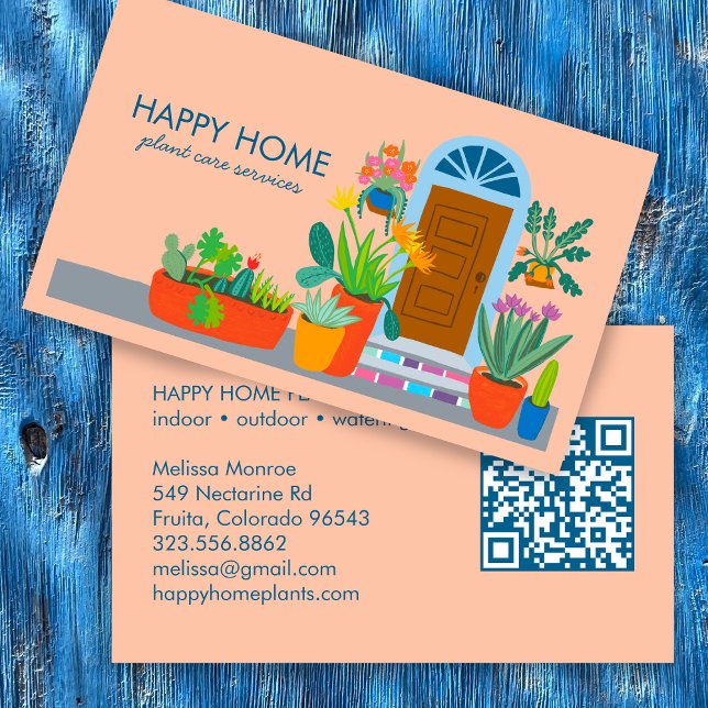 Carte De Visite Plante de soins plantes assis mignon porte avant Q (Plant Care Plant Sitting Housesitting Home Services Cute Front Door Custom QR Code Business Card
)