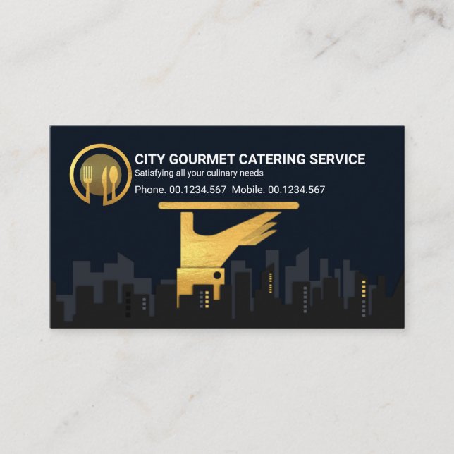 Carte De Visite Plaque de service Gold Waiter City Silhouette (Devant)