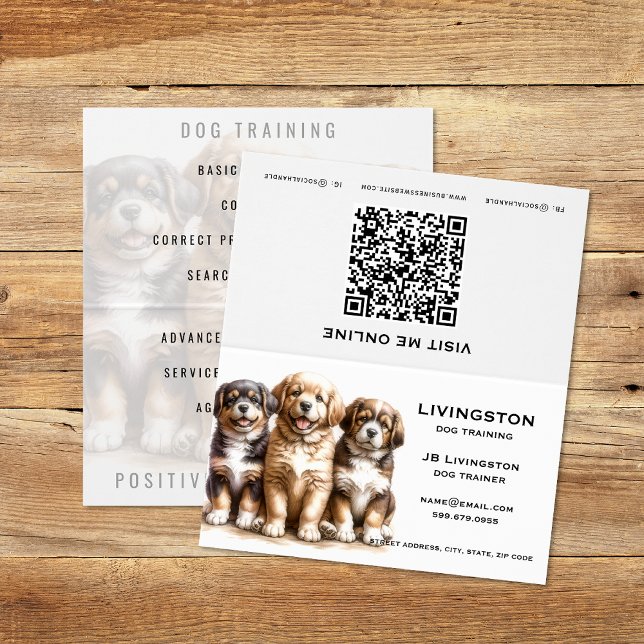 Carte de visite plié du code QR de l'entraîneur de (Dog Trainer QR Code Folded Business Cards (unfolded) )
