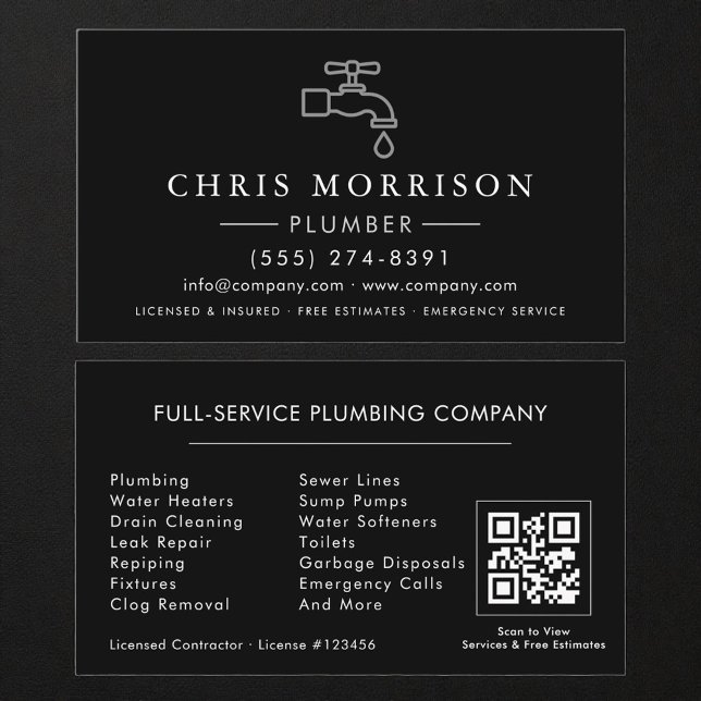 Carte de visite Plomberie Noir Argent QR Code (Créateur téléchargé)