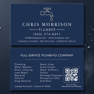 Carte de visite Plombier Bleu Nuit Argent QR Code