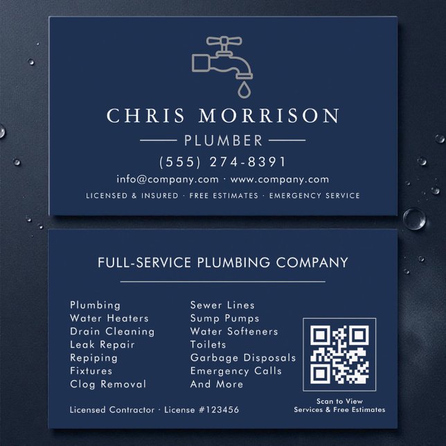 Carte de visite Plombier Bleu Nuit Argent QR Code (Créateur téléchargé)