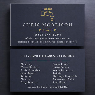 Carte De Visite Plombier Professionnel Bleu Nuit Or Minimaliste