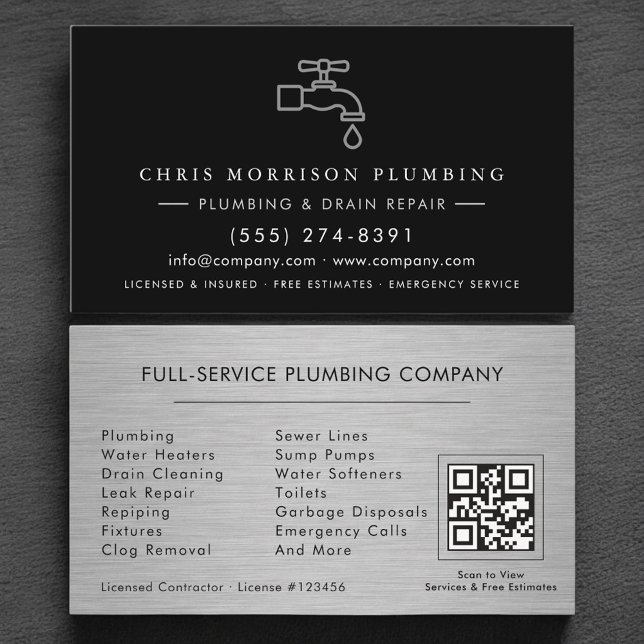 Carte De Visite Plumbing Company Silver Metallic QR Code (Créateur téléchargé)
