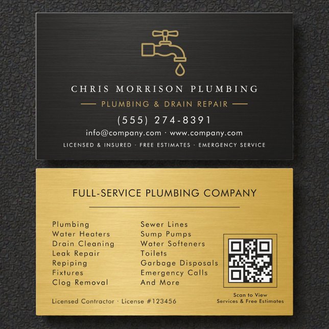 Carte De Visite Plumbing Company Steel Metal QR Code (Créateur téléchargé)