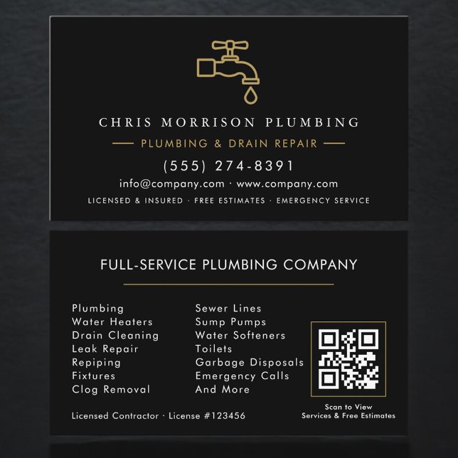 Carte De Visite Plumbing  Service Black & Gold QR Code (Créateur téléchargé)