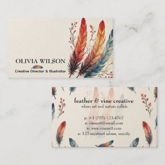 Carte De Visite Plume Colorée et Branches d'Automne