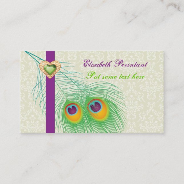 Carte De Visite Plume de paon violet vert accrocheur (Devant)