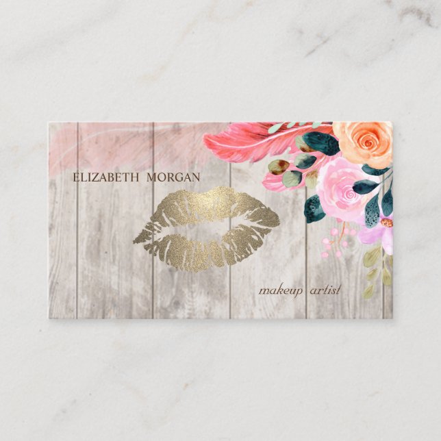 Carte De Visite Plume Florale Professionnelle ,Lèvres,Texture Bois (Devant)