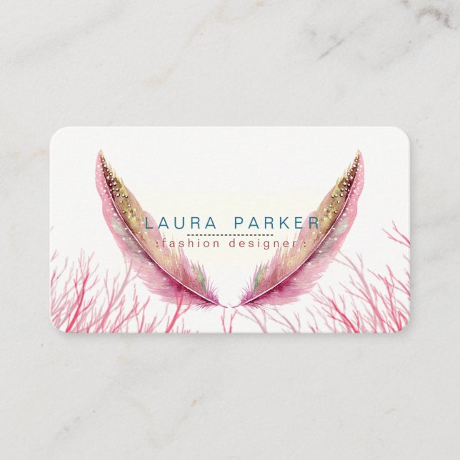 Carte De Visite Plumes roses Aquarelle Boho Girly Chic (Devant)