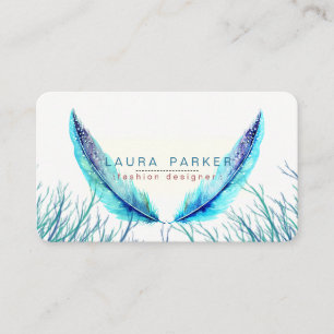 Carte De Visite Plumes turquoise Aquarelle Boho Plage Turquoise