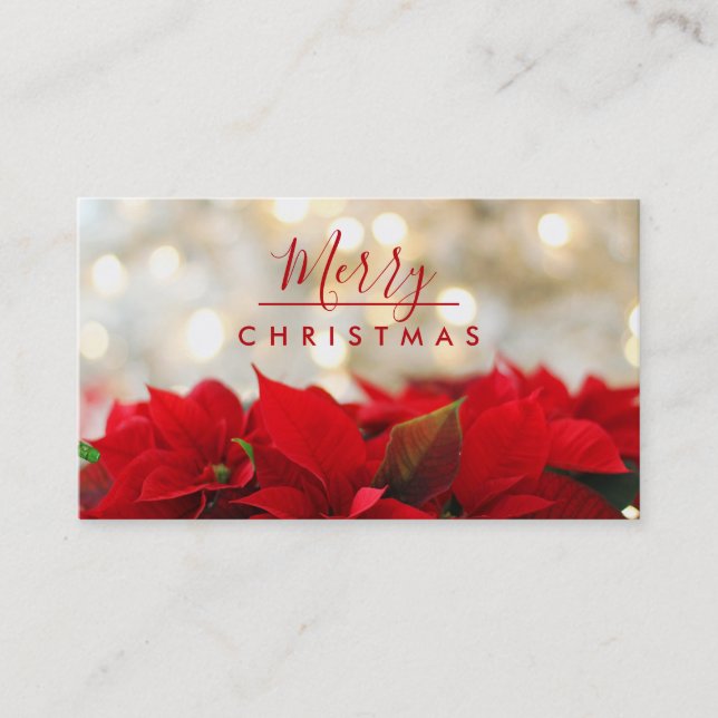 Carte De Visite Poinsettias rouges avec Golden Bokeh Joyeux Noël (Devant)