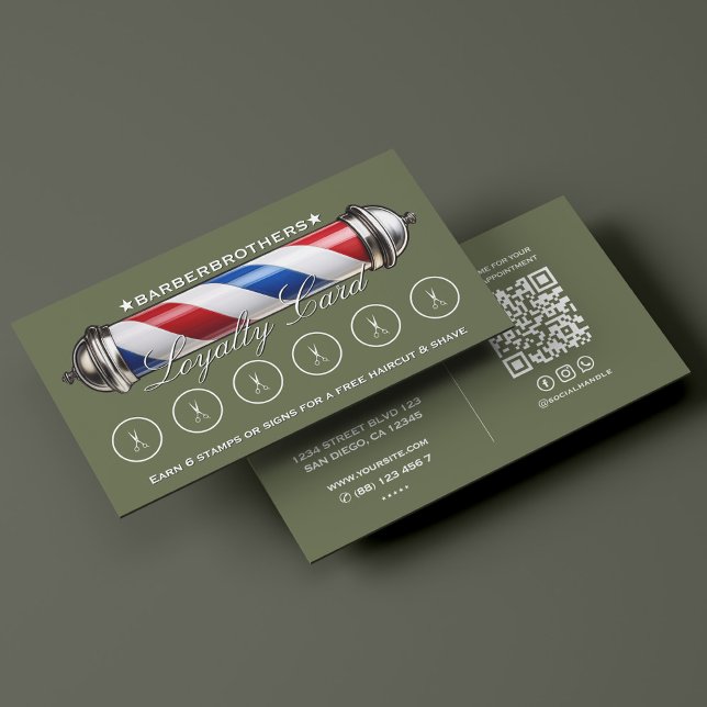Carte De Visite Pôle de barbier rétro Vert sauge Fidélité (Retro Barber Pole Sage Green Loyalty Business Card
)