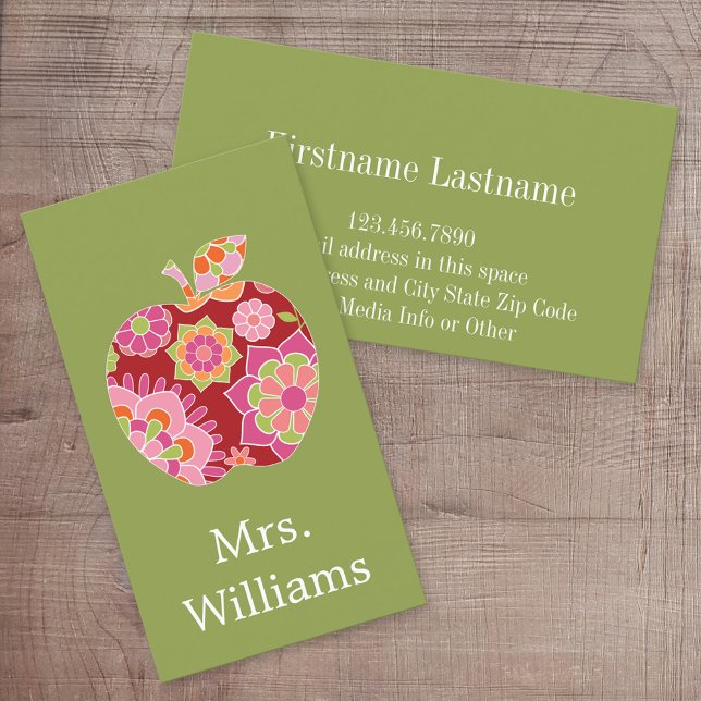 Carte De Visite Pomme d'enseignant personnalisée avec modèle flora (Custom Printed Online Business Card)