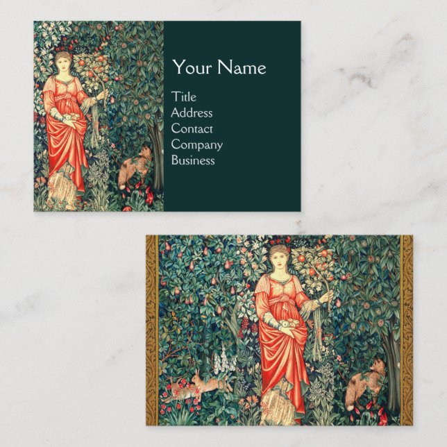 CARTE DE VISITE POMONA TENANT DES FRUITS EN VERDURE, ANIMAUX FORES (Devant / Derrière)