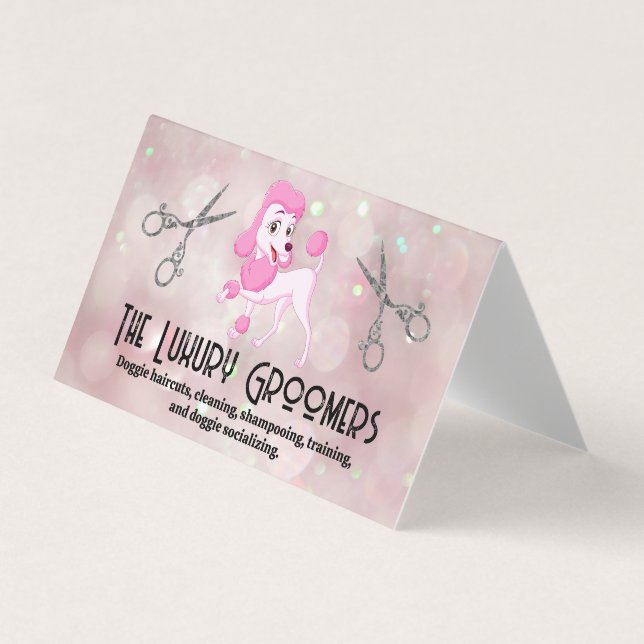Carte De Visite Poodle rose | Ciseaux de salon | Bokeh (Devant)