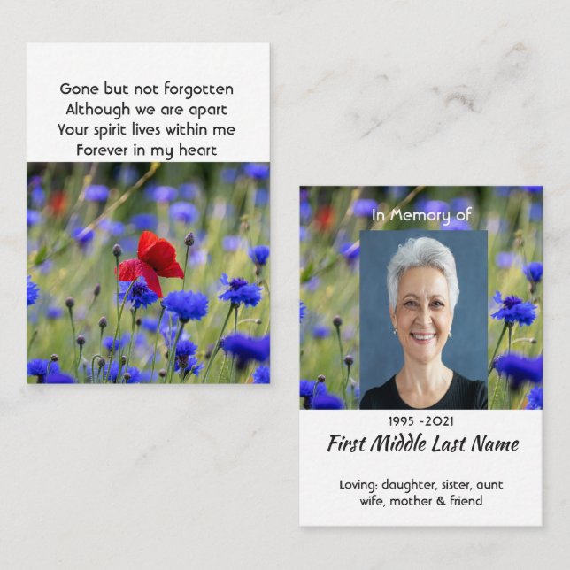 Carte De Visite Poppy Cornflower Meadow  Memorial Pocket Keepsake (Devant / Derrière)