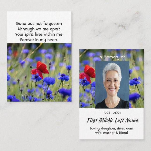 Carte De Visite Poppy Cornflower Meadow  Memorial Pocket Keepsake (Devant / Derrière)