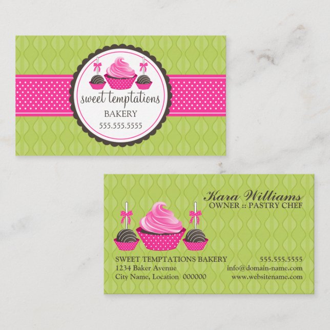 Carte De Visite Pops de gâteau et Cupcake Vert Rose (Devant / Derrière)