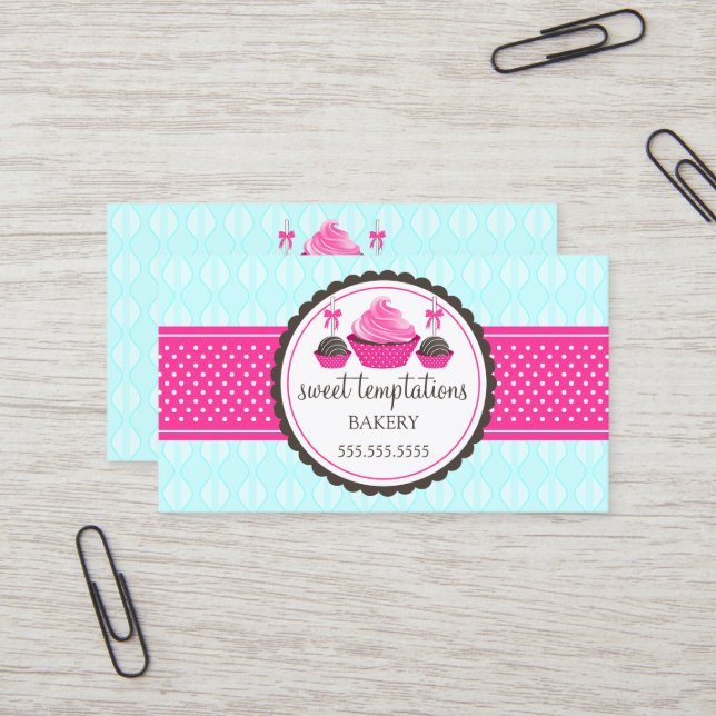 Carte De Visite Pops de gâteaux et Cupcake Aqua Rose (Devant/Arrière en situation)