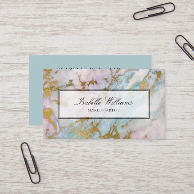 Carte De Visite Porte en marbre arc-en-ciel bleu Dusty doré (Devant/Arrière en situation)