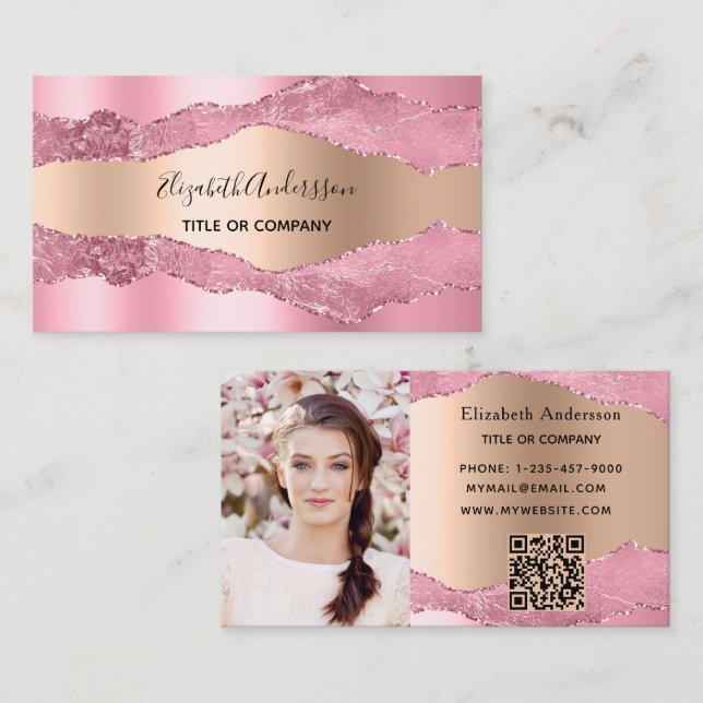 Carte De Visite Porte en or rose marbre code QR photo (Devant / Derrière)