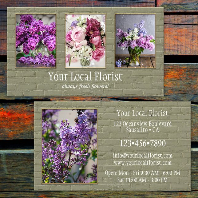 Carte De Visite Portefeuille de fleuriste en briques vertes pour v (Business card featuring your own custom photos framed by a green brick wall - florist - gardener)