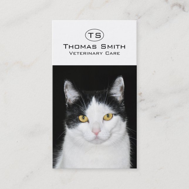 Carte De Visite Portrait de chat noir et blanc (Devant)
