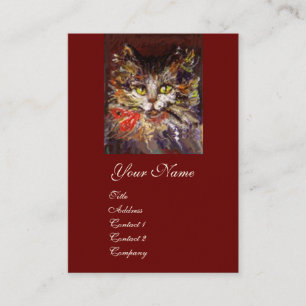 CARTE DE VISITE PORTRAIT DE CHATON KITTY BRUN BLANC AVEC RUBAN ROU