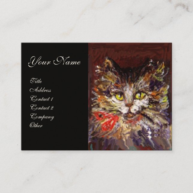 CARTE DE VISITE PORTRAIT DE CHATON KITTY BRUN BLANC AVEC RUBAN ROU (Devant)