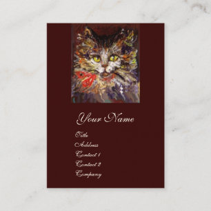 CARTE DE VISITE PORTRAIT DE CHATON KITTY BRUN BLANC AVEC RUBAN ROU