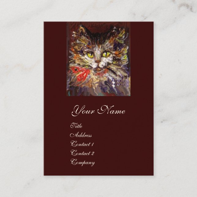 CARTE DE VISITE PORTRAIT DE CHATON KITTY BRUN BLANC AVEC RUBAN ROU (Devant)