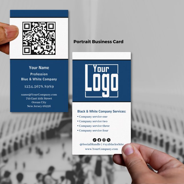 Carte De Visite Portrait noir, bleu et blanc scannable (Scannable Black, Blue & White Portrait Business Card with Logo & QRcode, Service List)