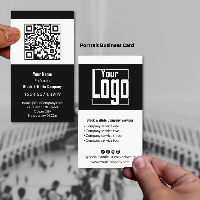 Carte De Visite Portrait noir et blanc moderne (Modern Black & White Portrait Business Card, Logo, QR code, Service List, Social)