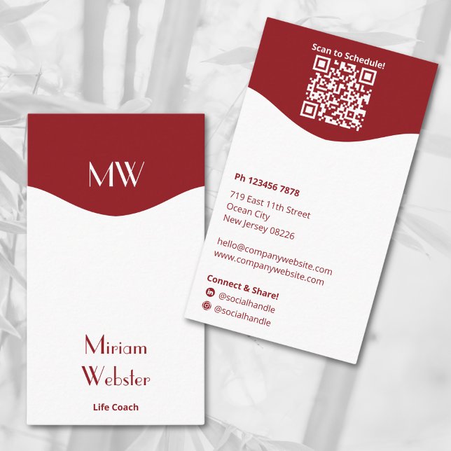 Carte De Visite Portrait personnel minimal rouge blanc initiales (Minimal Red White Initials Portrait Personal Business Card, Initials, QR code, Connect on Social)