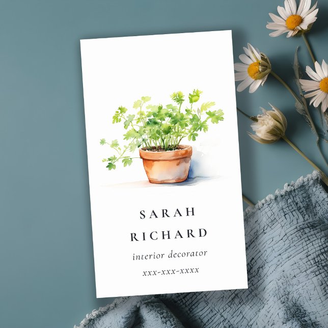 Carte De Visite Pot Herbe Persil Coriander Aquarelle Botanique (Créateur téléchargé)