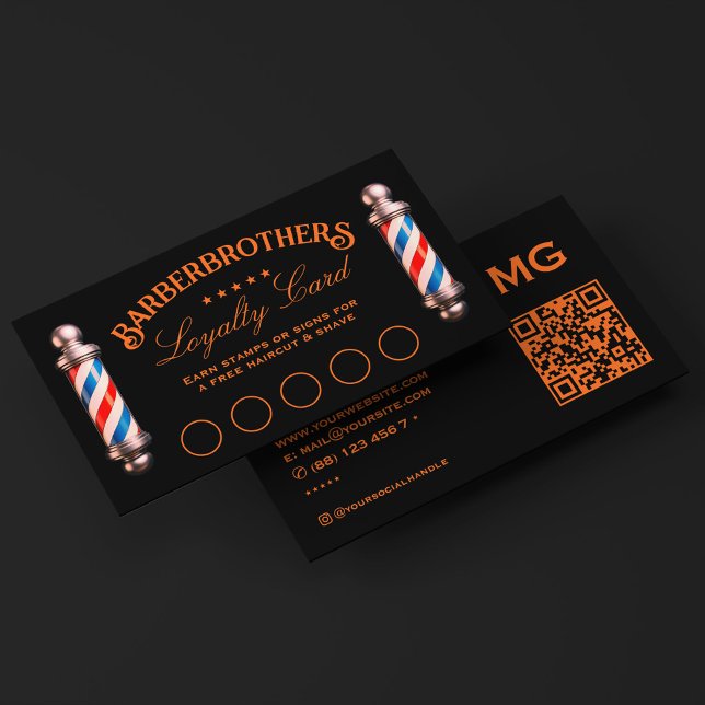 Carte De Visite Poteau de Salon de Coiffure Classique Orange Noir  (Classic Barbershop Pole Orange Black Loyalty Business Card
)