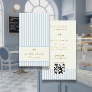 Carte De Visite Poudre Bleue Rayures Élégant Code QR Boulangerie