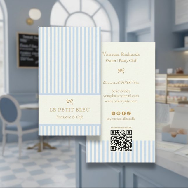 Carte De Visite Poudre Bleue Rayures Élégant Code QR Boulangerie (Créateur téléchargé)