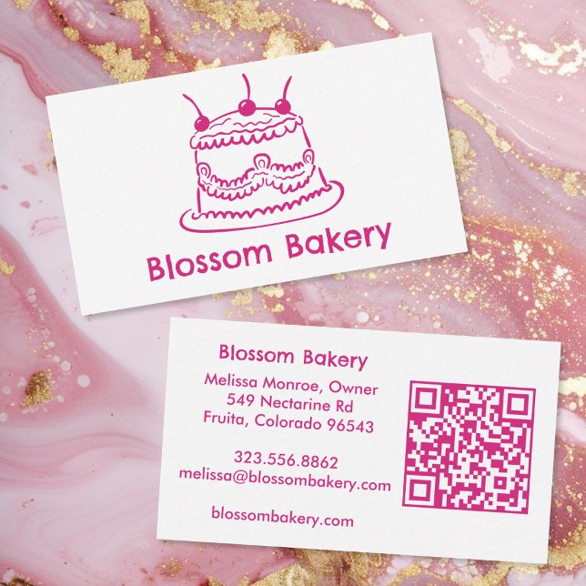 Carte de visite pour boulangerie de gâteaux et tra (Cake Bakery Dessert Catering CUSTOM QR Code Hand-drawn Business Card Pink 
)